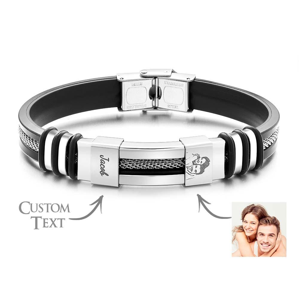 Mens Silicone Photo Bracelet with text Custom Family Photo Gifts for Dad Personalised Gift for Him - soufeelmy