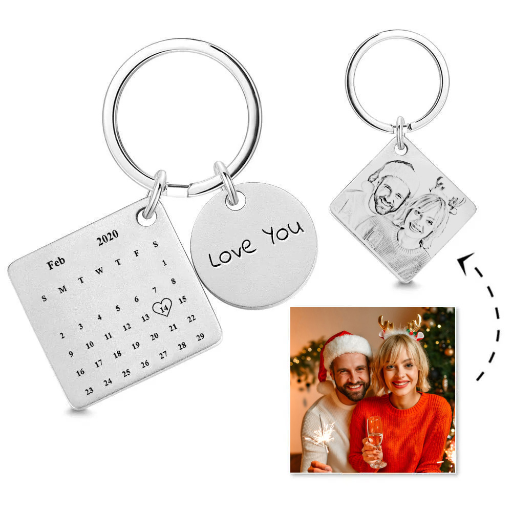 Custom Photo Engraved Calendar Silver Keyring Key Chain | Best Anniversary Gift Christmas Gift - soufeelmy