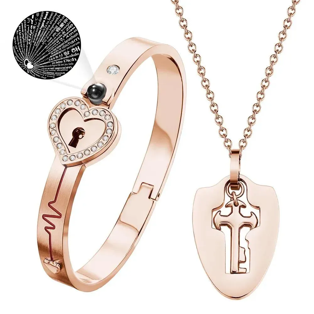 Custom Projection Shield Key Pendant Necklace and Lock Bracelet You Hold the Key to My Heart Gift