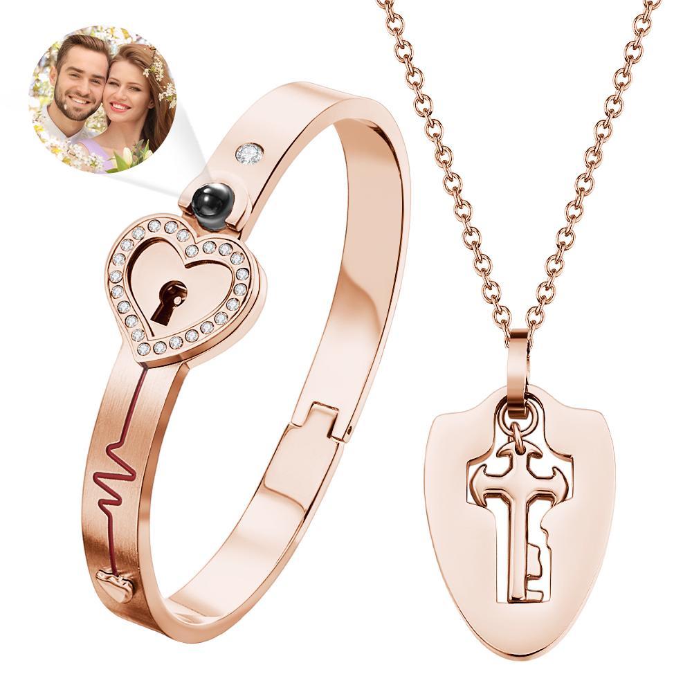 Custom Projection Shield Key Pendant Necklace and Lock Bracelet You Hold the Key to My Heart Gift - soufeelmy