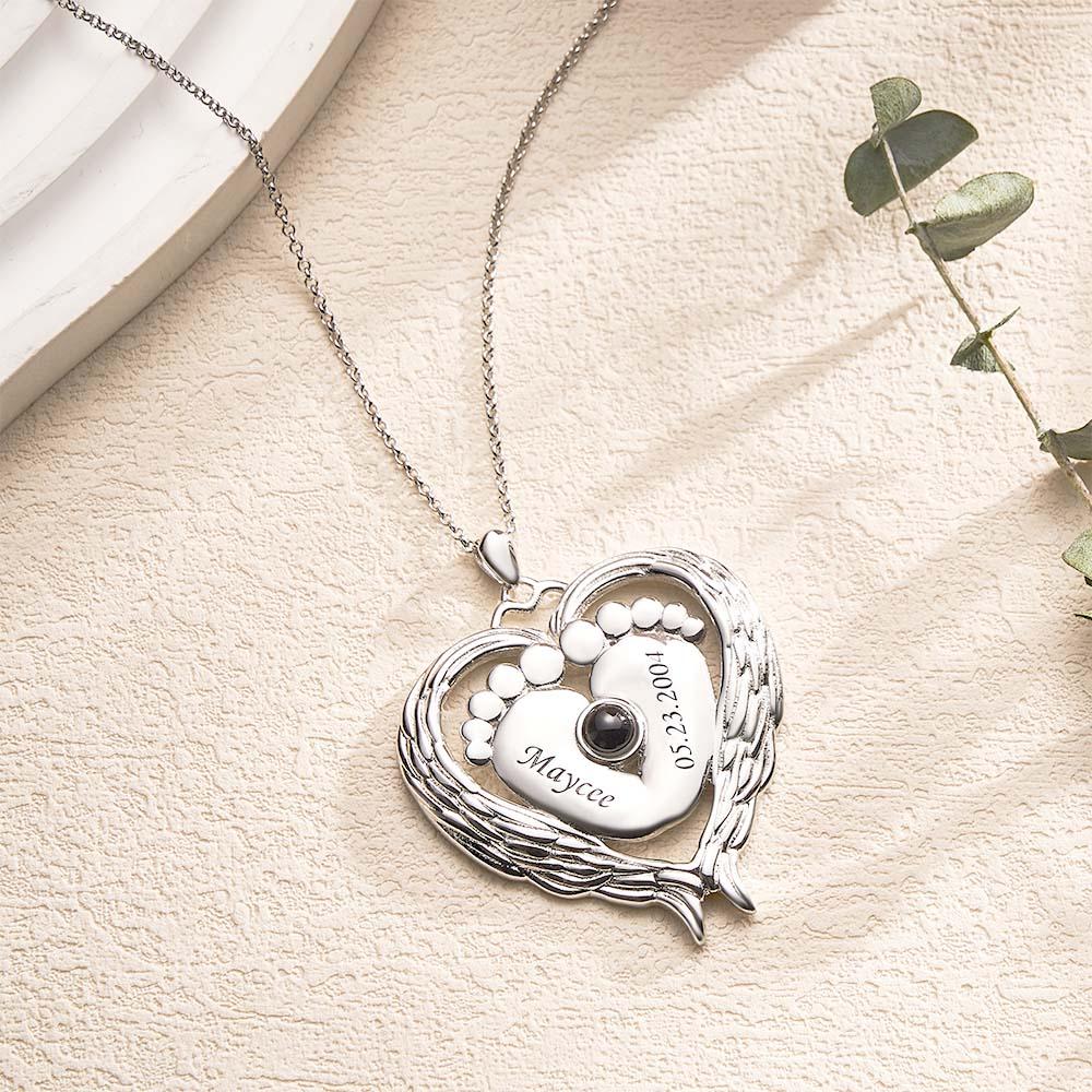 Custom Projection Name Necklace Angel Wings Baby Feet Gift for Mom - soufeelmy