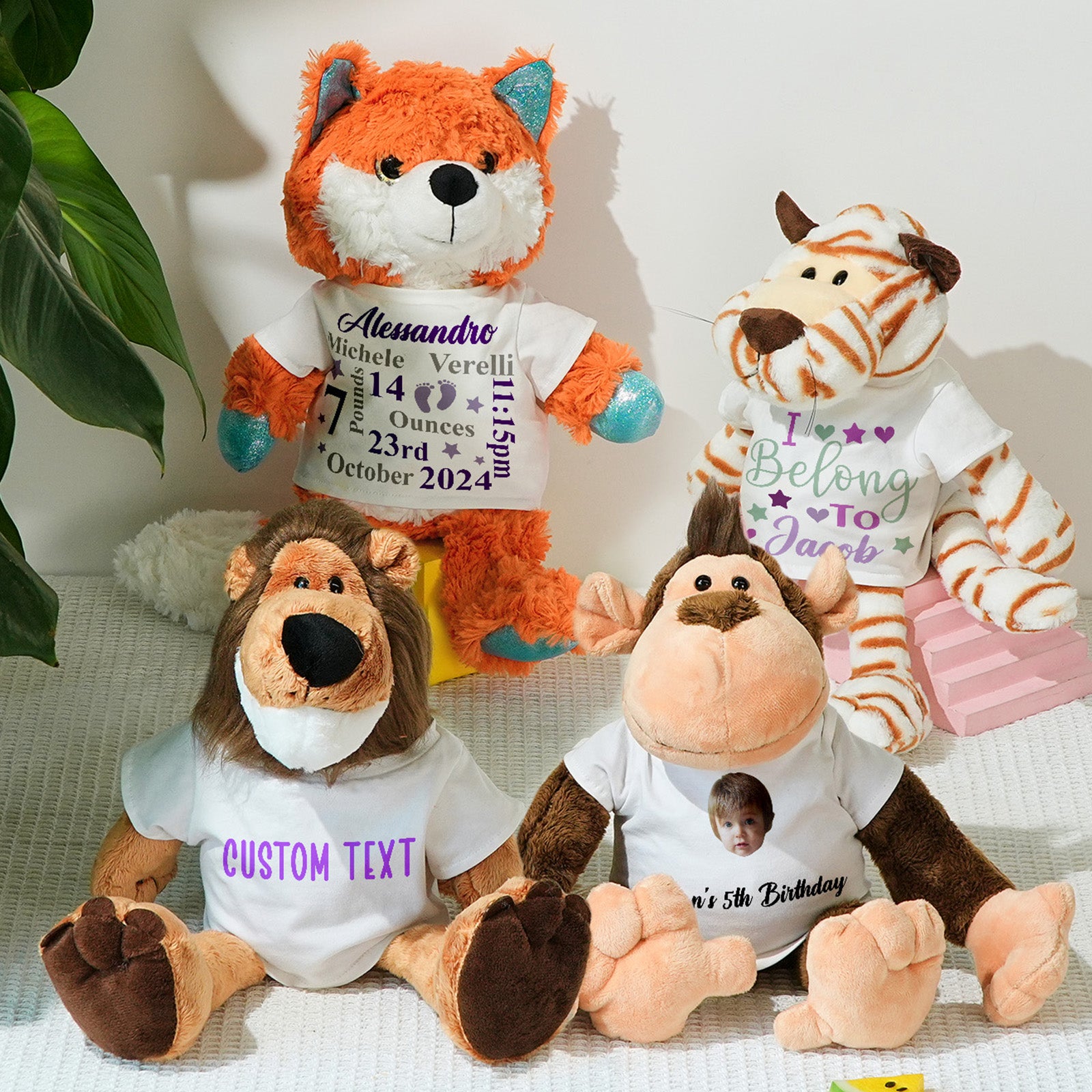 Personalized Animal Plush Stuffed Toy Birth Announcement Gift for Baby Shower - soufeelmy