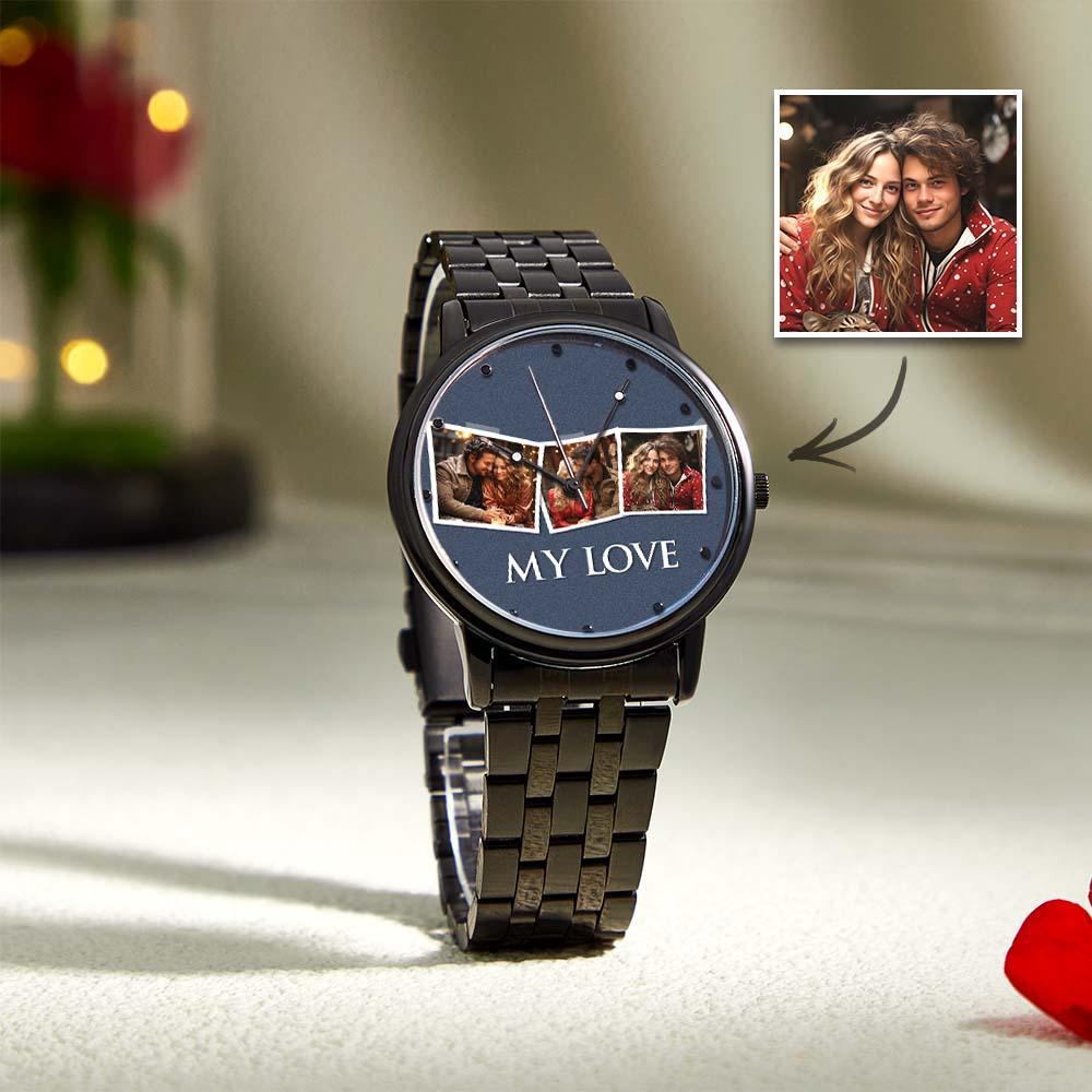Personalized Engraved Men's Black Alloy Bracelet Photo Watch To My Boyfriend I Love You Gifts - soufeelmy