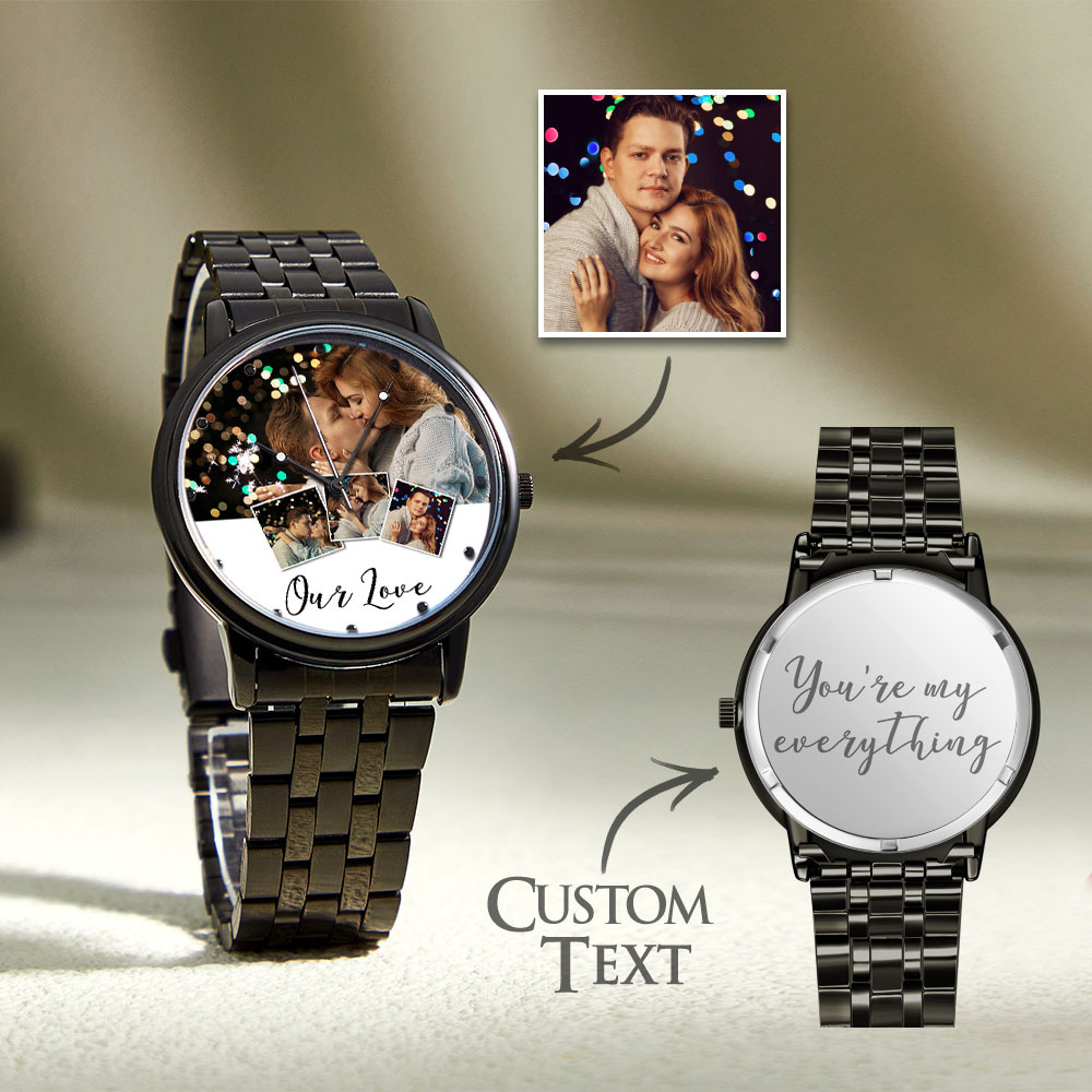 Personalized Engraved Photo Watch Men's Black Alloy Bracelet Photo Watch Valentine's Day Gifts To Boyfriend - soufeelmy