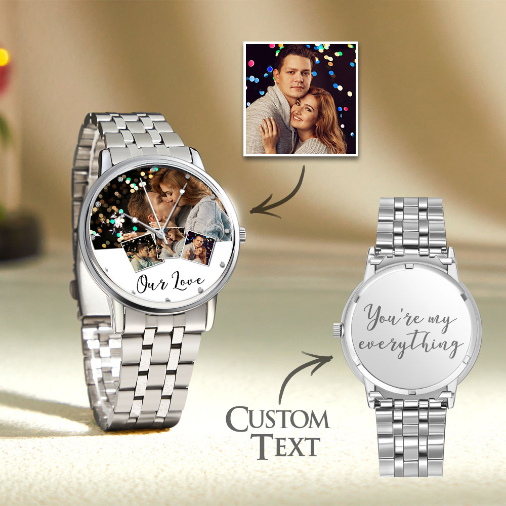 Personalized Engraved Photo Watch Men's Black Alloy Bracelet Photo Watch Valentine's Day Gifts To Boyfriend
