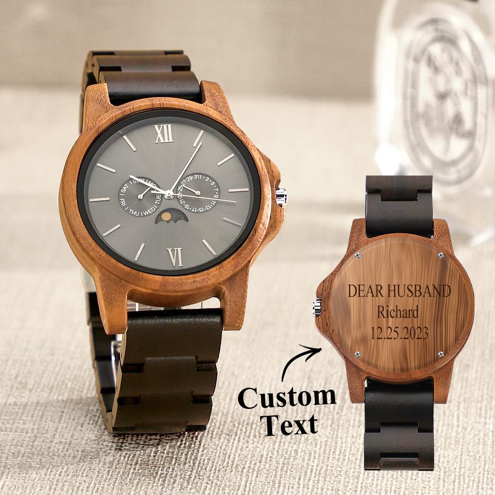 Custom Mens Engraved Wood Watch Personalized Watch for Husband Anniversary Gift - soufeelmy