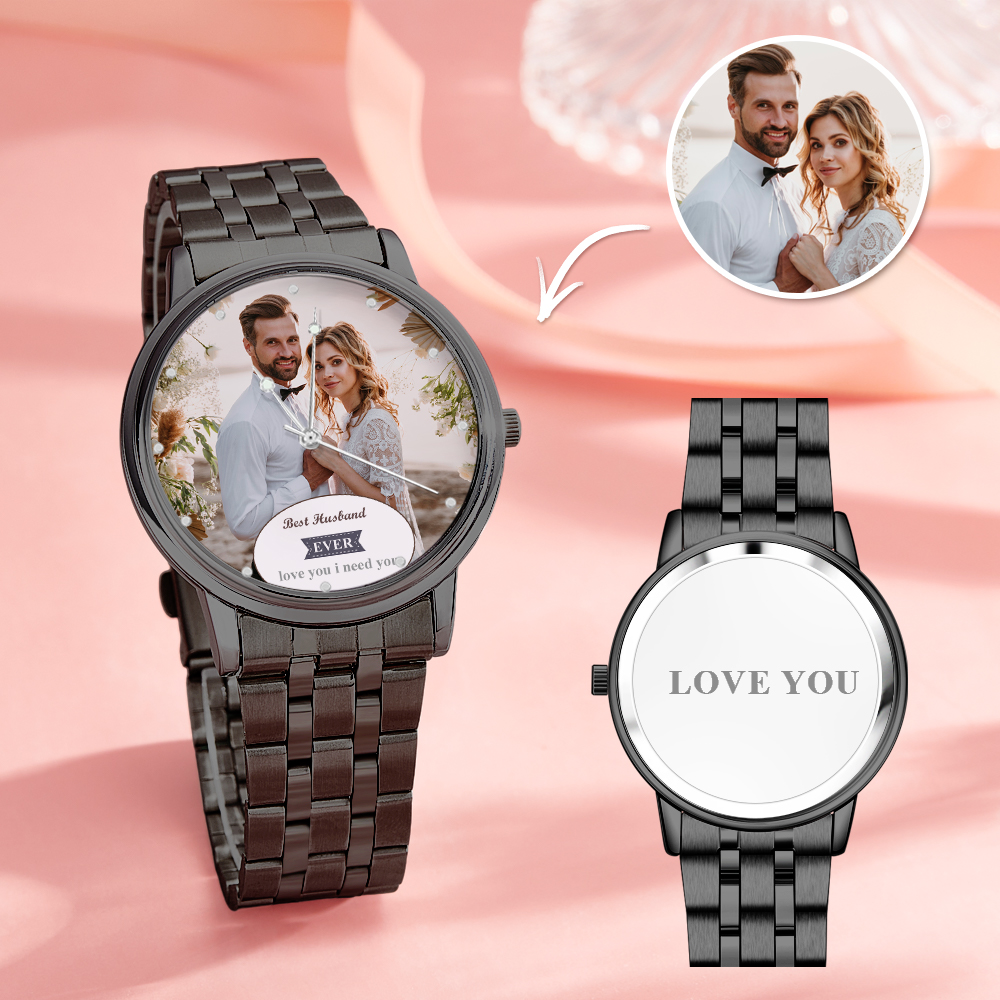 Personalized Engraved Photo Watch Black Alloy Bracelet Photo Watch Valentine's Day Gifts For Him - soufeelmy