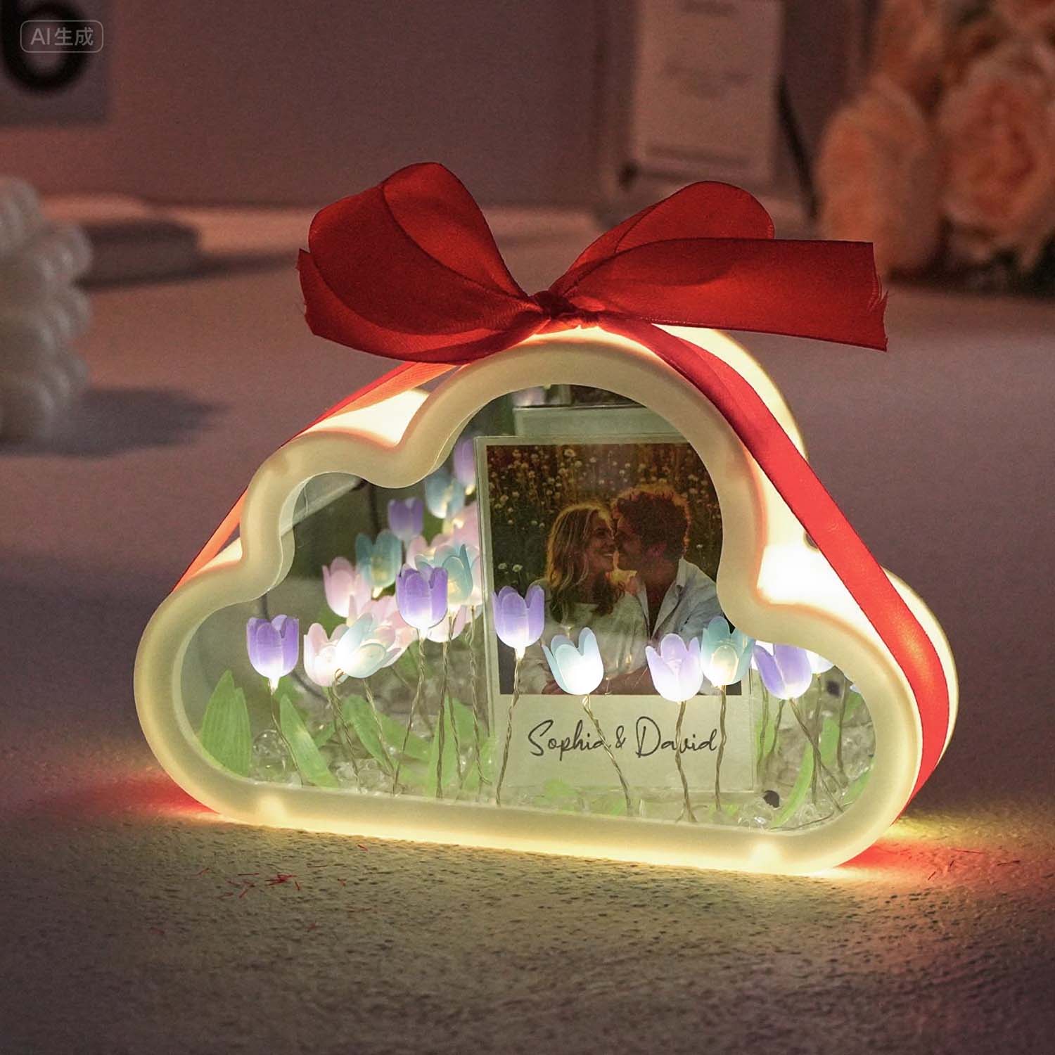 Custom Cloud-shaped Tulip Lamp Flower Infinity Mirror Box Infinity Mirror Flower with Your Picture and Text DIY Kit - soufeelmy