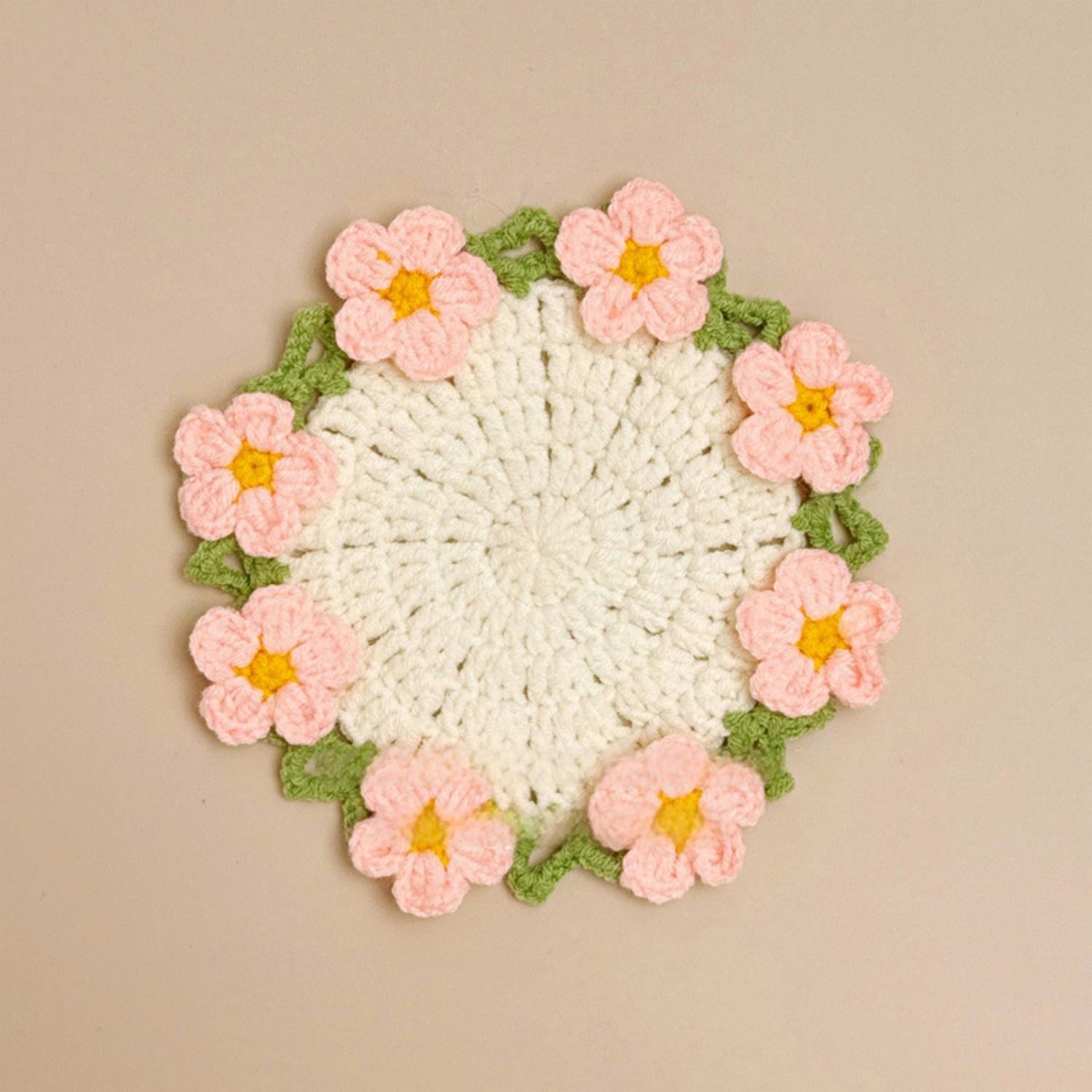 Knitted Flower Coasters Rapeseed Coaster Finished Hand-woven Flower Basket Decoration Gift For Mother And Girlfriend - soufeelmy