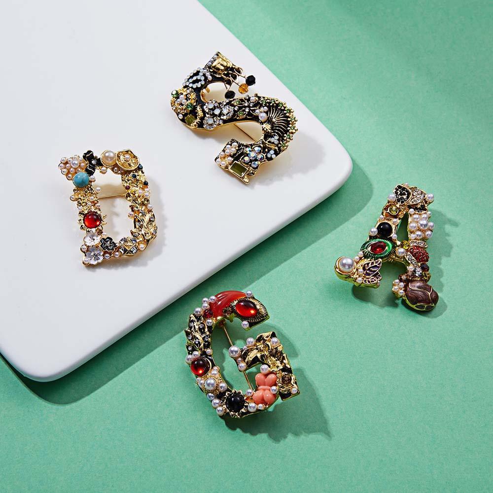 Crystal Pearl Initial Brooch Gold Plated Enamel Colorful Letter Alphabet Breastpin Pin Jewelry for Gifts - soufeelmy