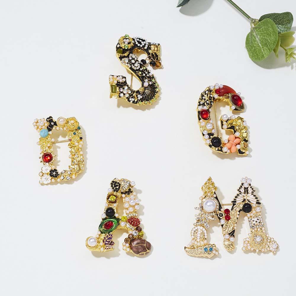 Crystal Pearl Initial Brooch Gold Plated Enamel Colorful Letter Alphabet Breastpin Pin Jewelry for Gifts - soufeelmy