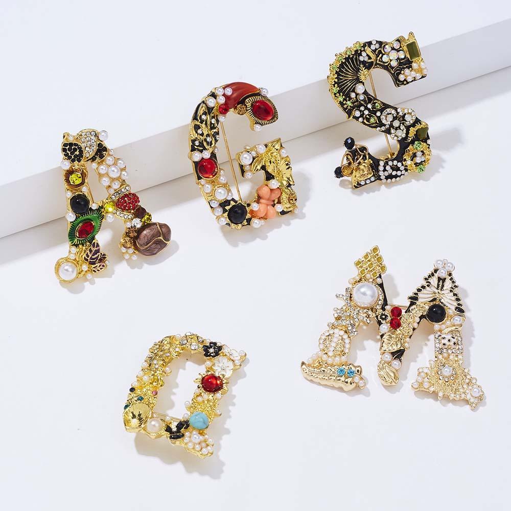 Crystal Pearl Initial Brooch Gold Plated Enamel Colorful Letter Alphabet Breastpin Pin Jewelry for Gifts - soufeelmy