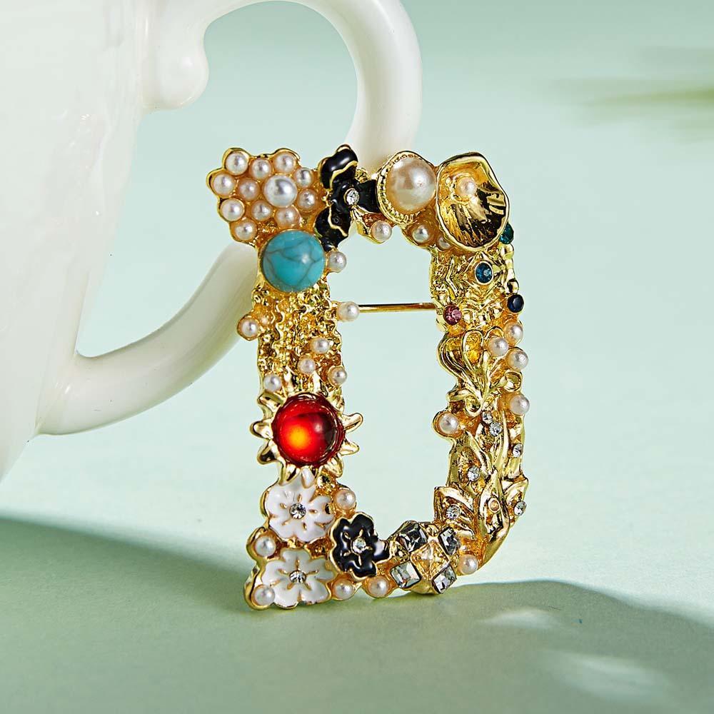 Crystal Pearl Initial Brooch Gold Plated Enamel Colorful Letter Alphabet Breastpin Pin Jewelry for Gifts - soufeelmy