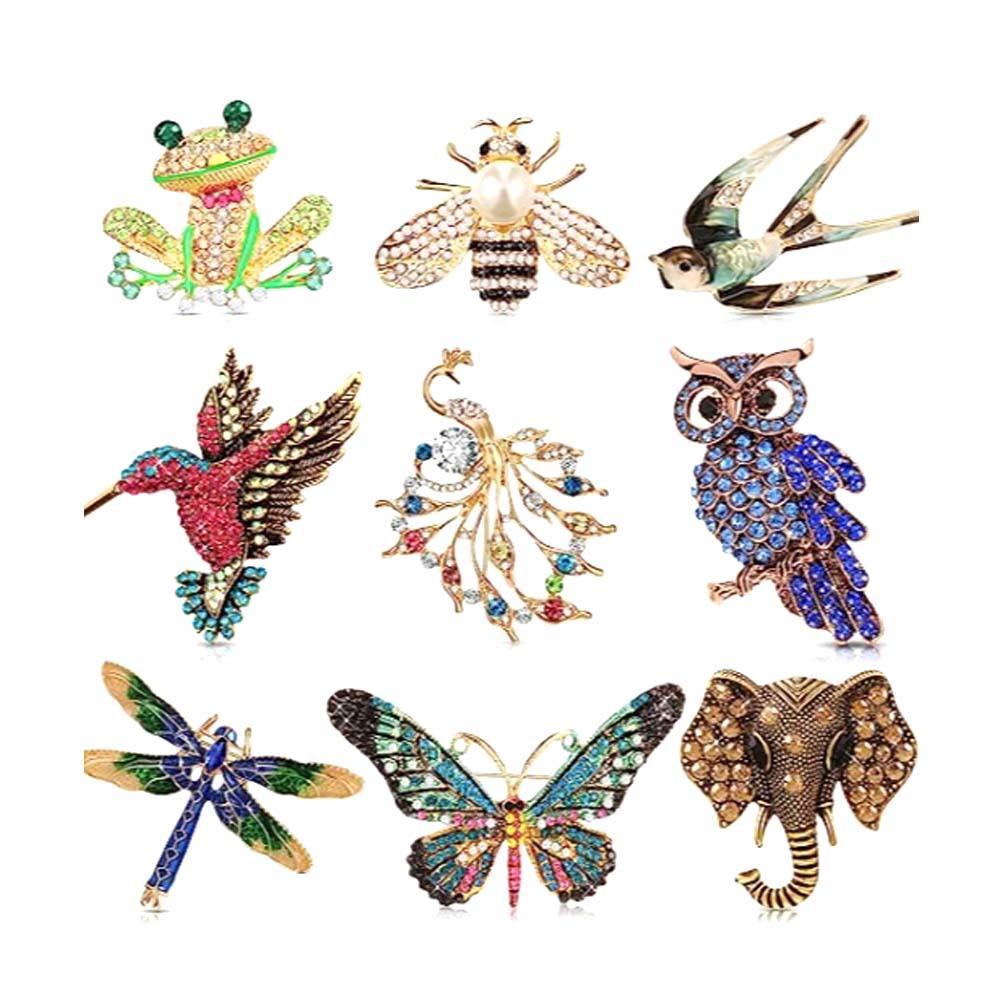 9 Pieces Women Brooches pins Bulk Set Rhinestone Animal Insect Crystal Pins Butterfly Dragonfly Hummingbird Owl Peacock Brooch Pin for Women Christmas Girls Gifts - soufeelmy