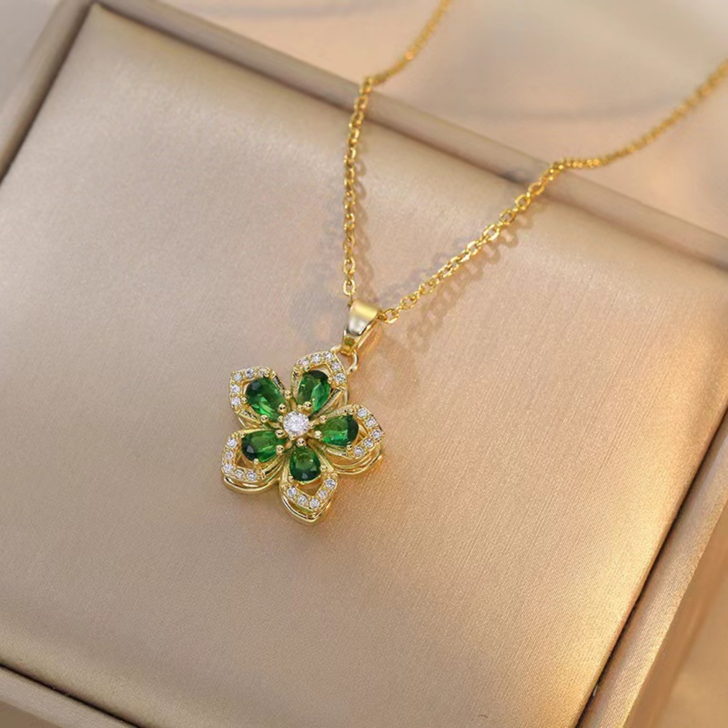 Floral Birthstone Necklace Lotus Flower Gemstone Necklace with Rotating Crystal Flower - soufeelmy