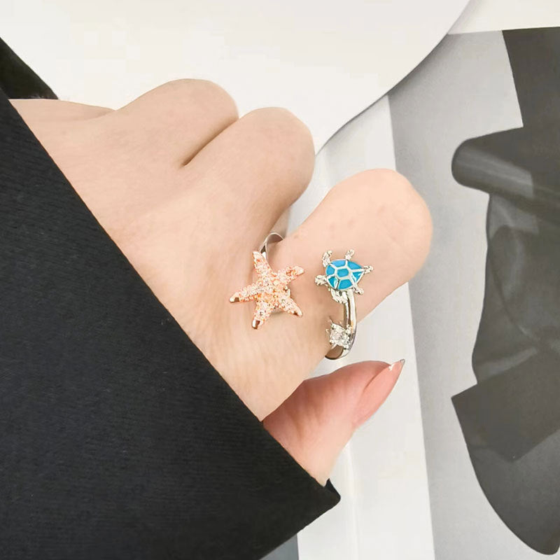 Fidget Anti-anxiety Ring Sea Turtle and Starfish Open Adjustable Spinner Ring Jewelry Gifts for Her - soufeelmy