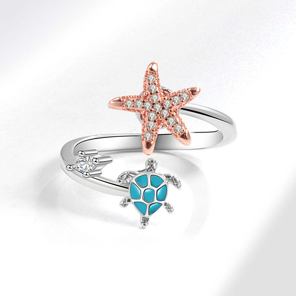 Fidget Anti-anxiety Ring Sea Turtle and Starfish Open Adjustable Spinner Ring Jewelry Gifts for Her - soufeelmy