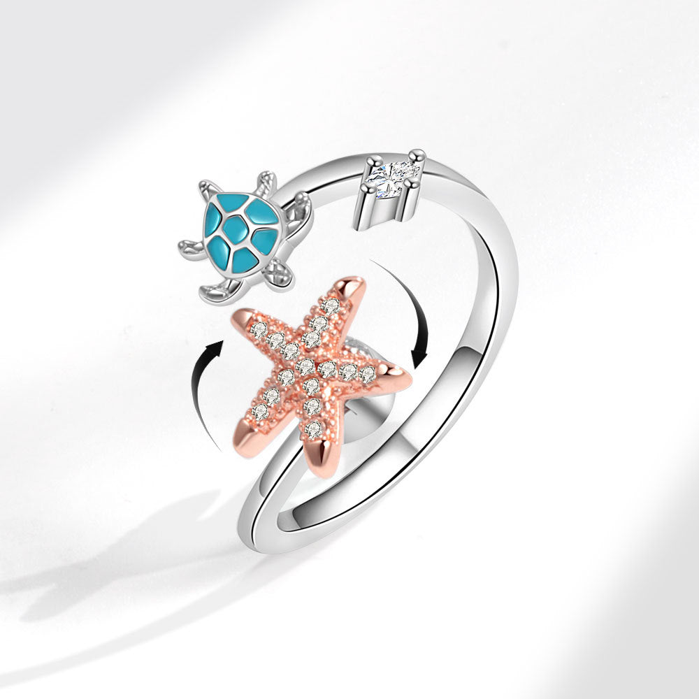 Fidget Anti-anxiety Ring Sea Turtle and Starfish Open Adjustable Spinner Ring Jewelry Gifts for Her - soufeelmy