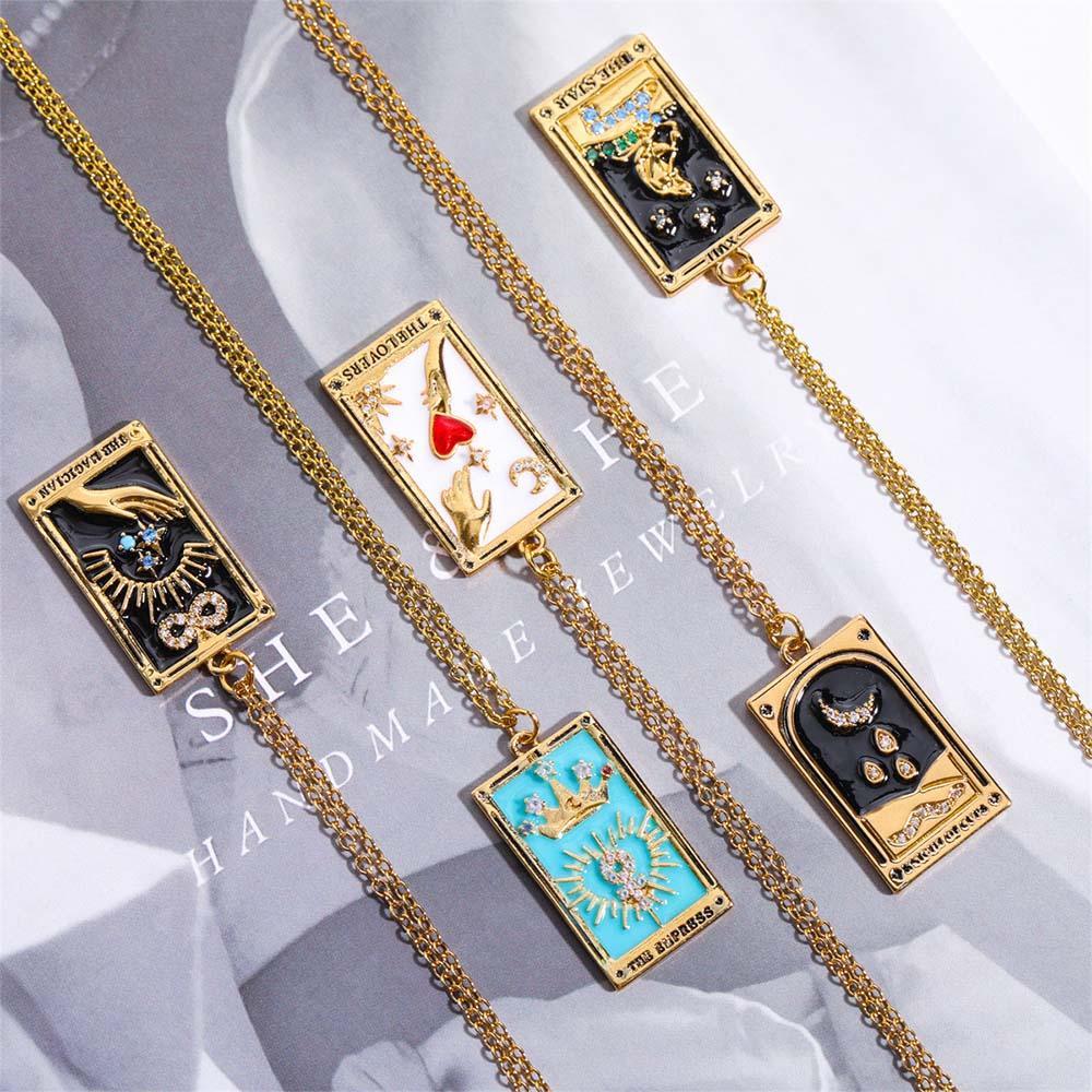 Colorful Tarot Cards Symbolic Necklace Dripping Oil Pendant Enamel Necklace With Rhinestones Gift - soufeelmy
