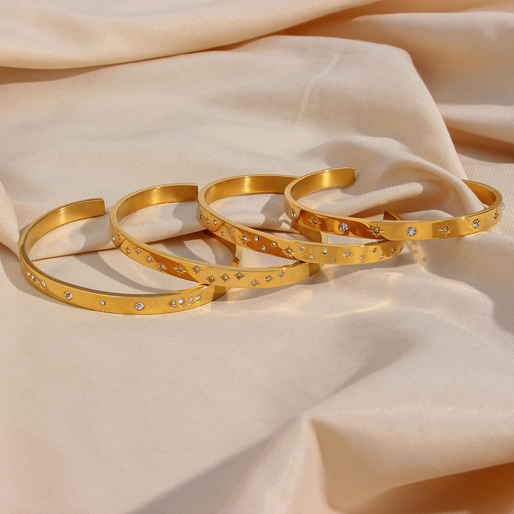 18K Gold Celestial Cuff Bracelet Set Gold Plated Bangels Sun Stars Carved Bracelet Classic Stacking Bangles - soufeelmy