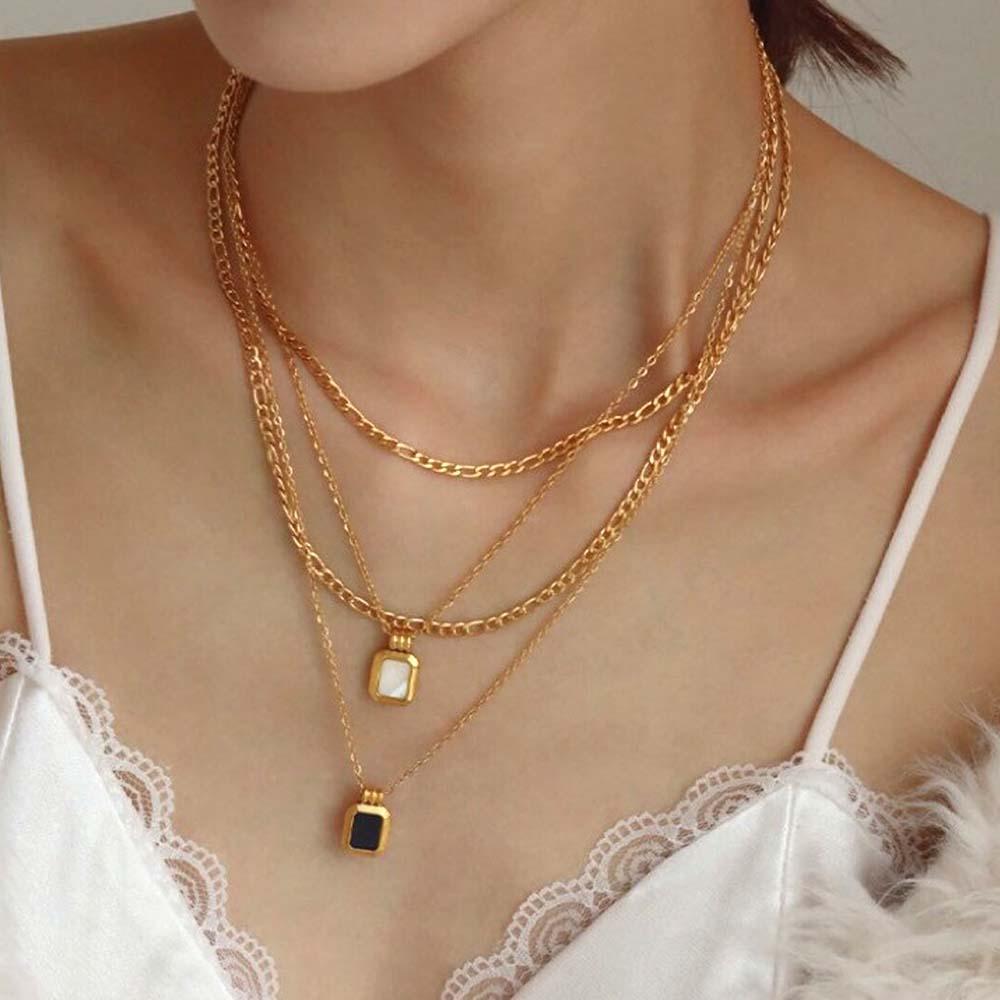 Vintage Gold Double Layered Necklace Set Black/White Necklace Mother of Pearl Necklace - soufeelmy