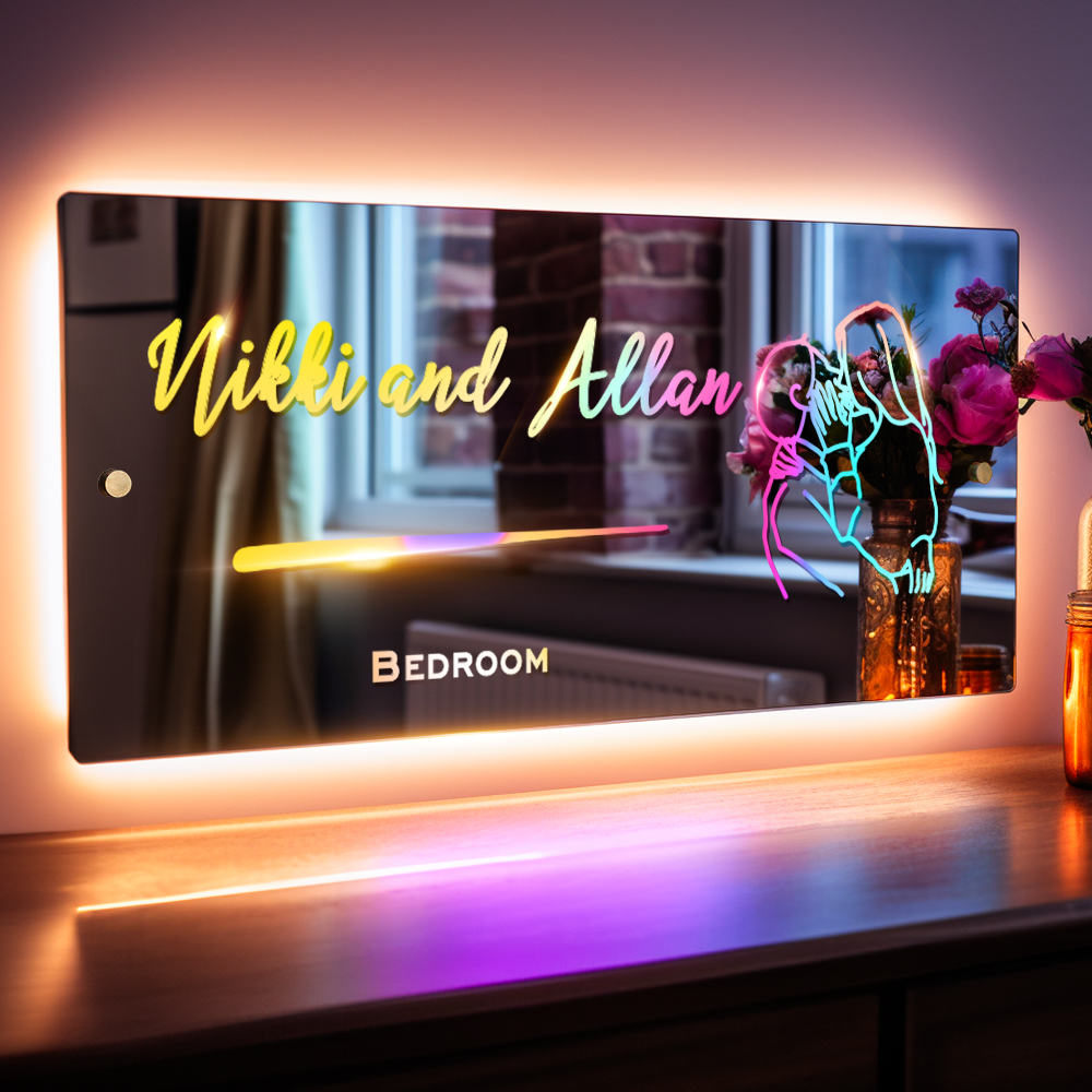 Personalized Line Photo Engraved Mirror Light Bedroom Sign Custom Mirror Neon Signs Wall Decor, Custom Name Sign for Bedroom,Christmas Valentine's Day - soufeelmy