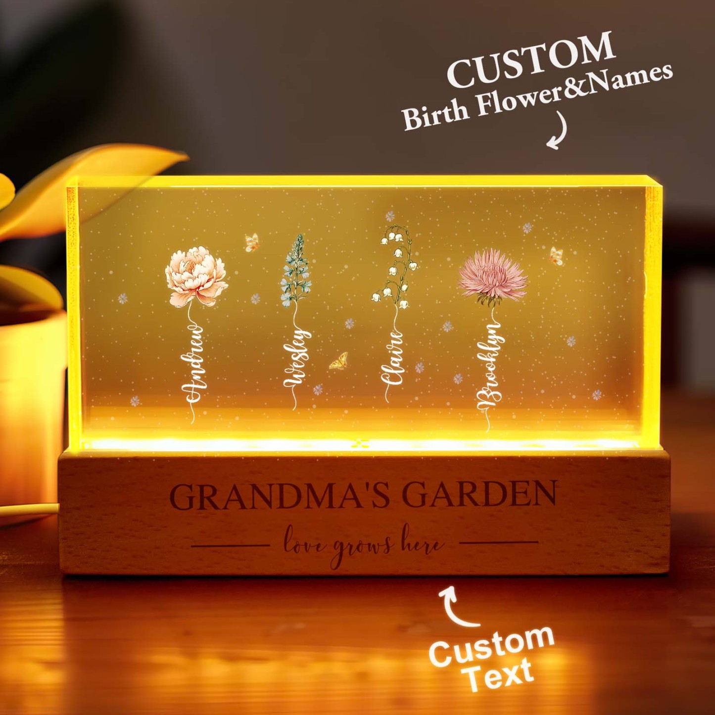 Grandma's Garden Birth Month Flower Personalized LED Night Light, Mother's Day Gift For Grandma Mom, Custom Night Light - soufeelmy