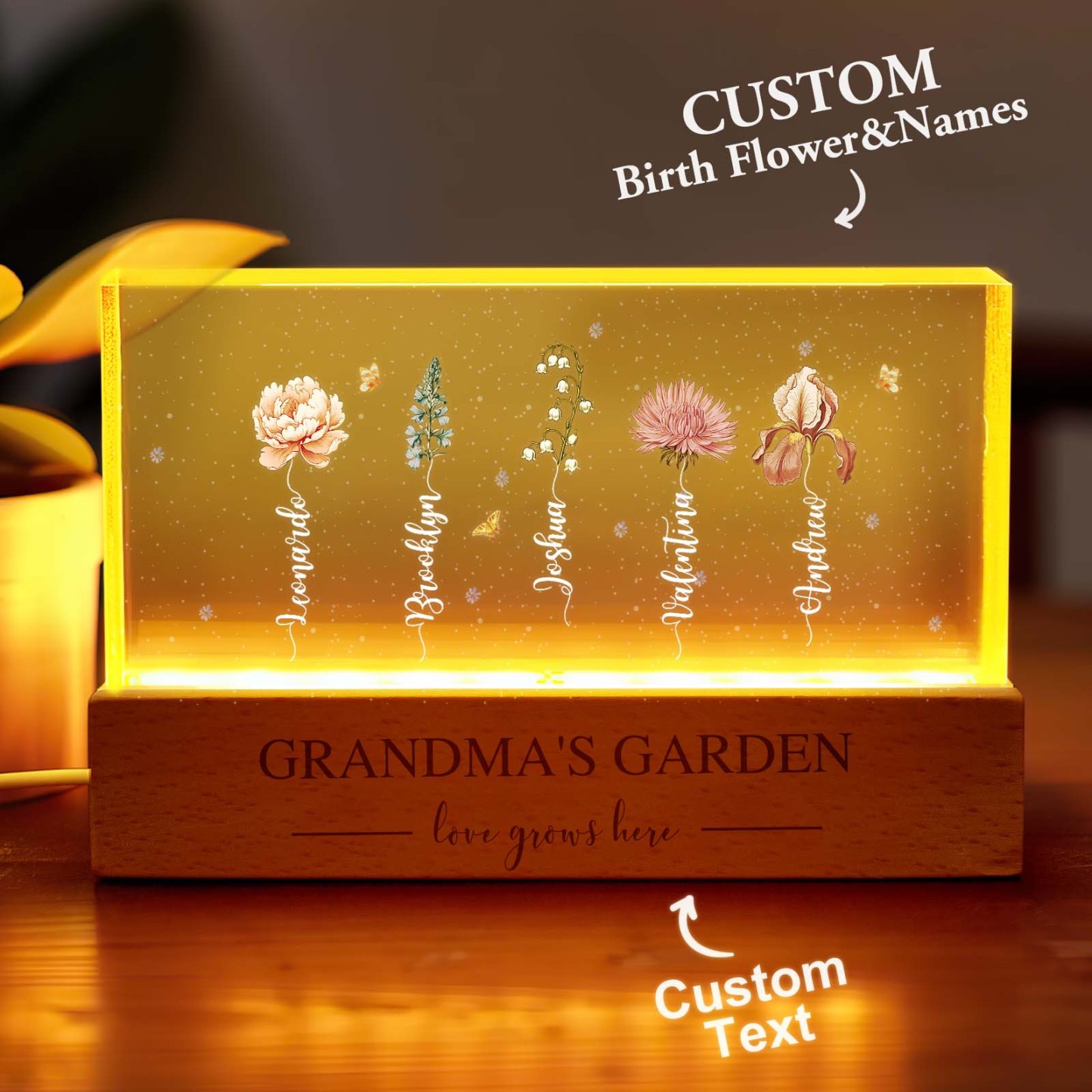 Grandma's Garden Birth Month Flower Personalized LED Night Light, Mother's Day Gift For Grandma Mom, Custom Night Light - soufeelmy