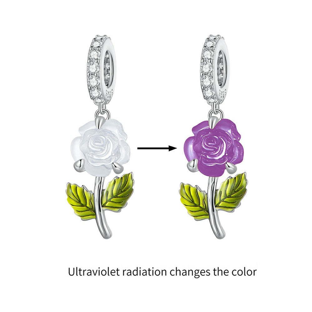 temperature discoloration crystal purple rose dangle charm 925 sterling silver yb2269