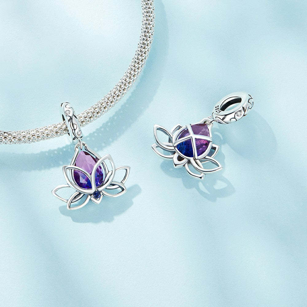 purple lotus dangle charm 925 sterling silver yb2276