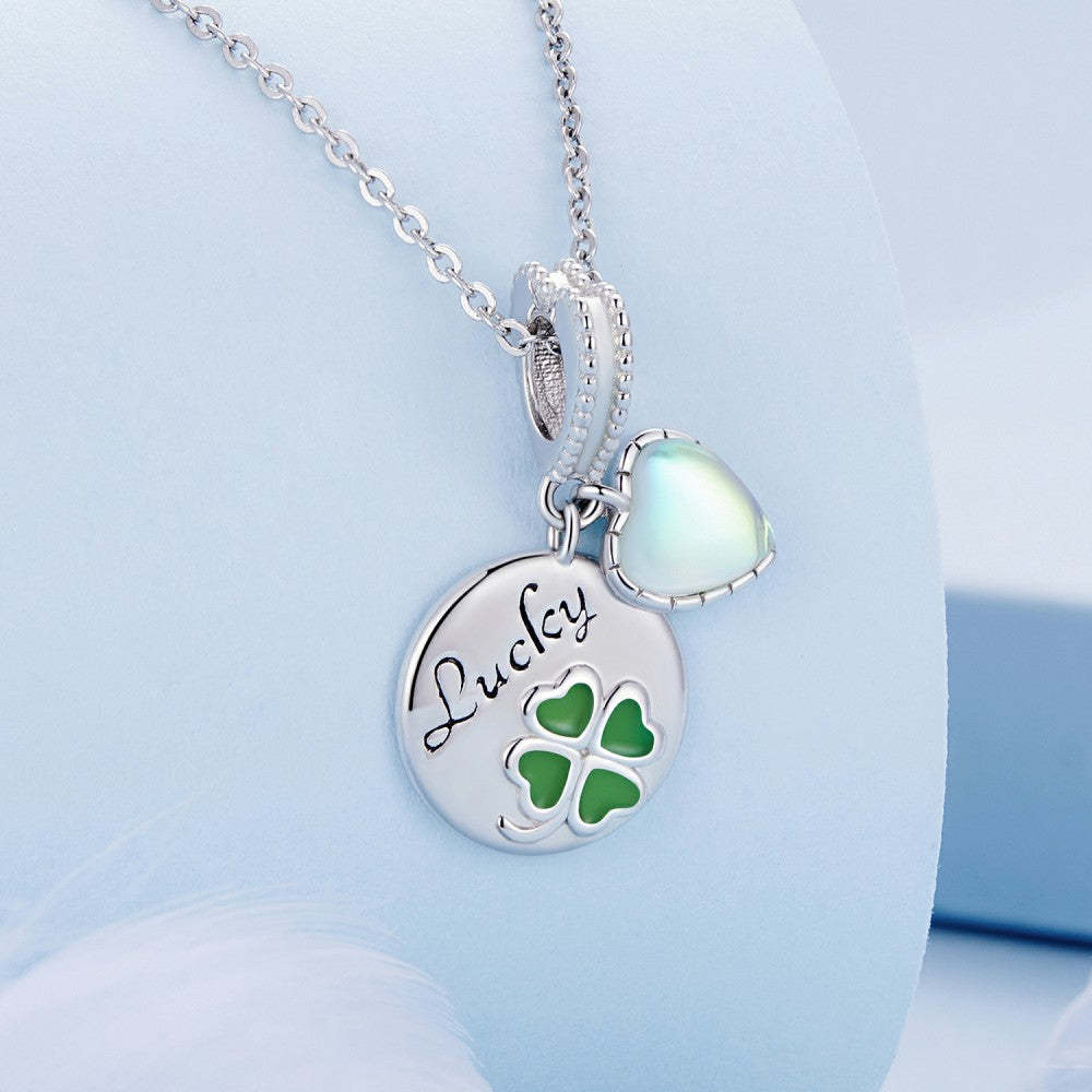 green four leaf clover round shape with glass heart lucky dangle charm 925 sterling silver yb2391