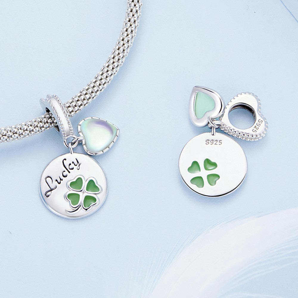 green four leaf clover round shape with glass heart lucky dangle charm 925 sterling silver yb2391