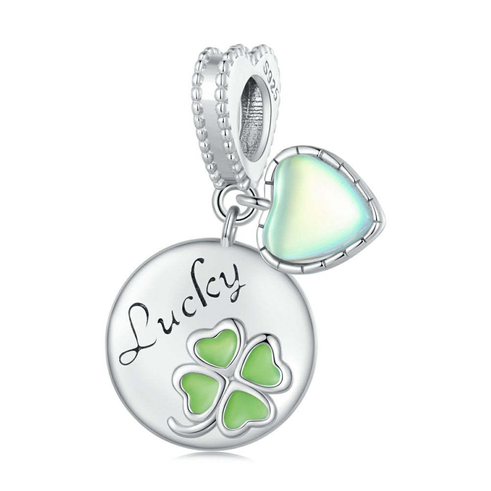 green four leaf clover round shape with glass heart lucky dangle charm 925 sterling silver yb2391