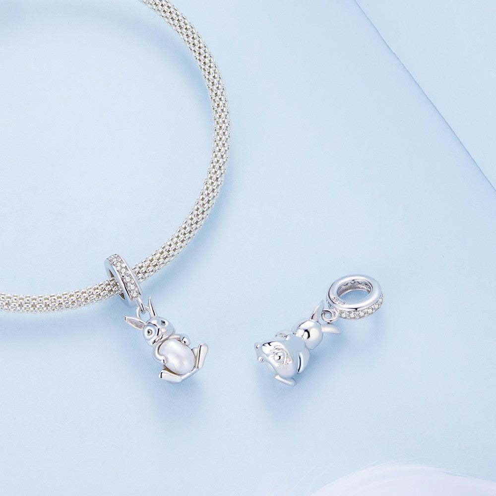 rabit hug pearl dangle charm 925 sterling silver yb2399