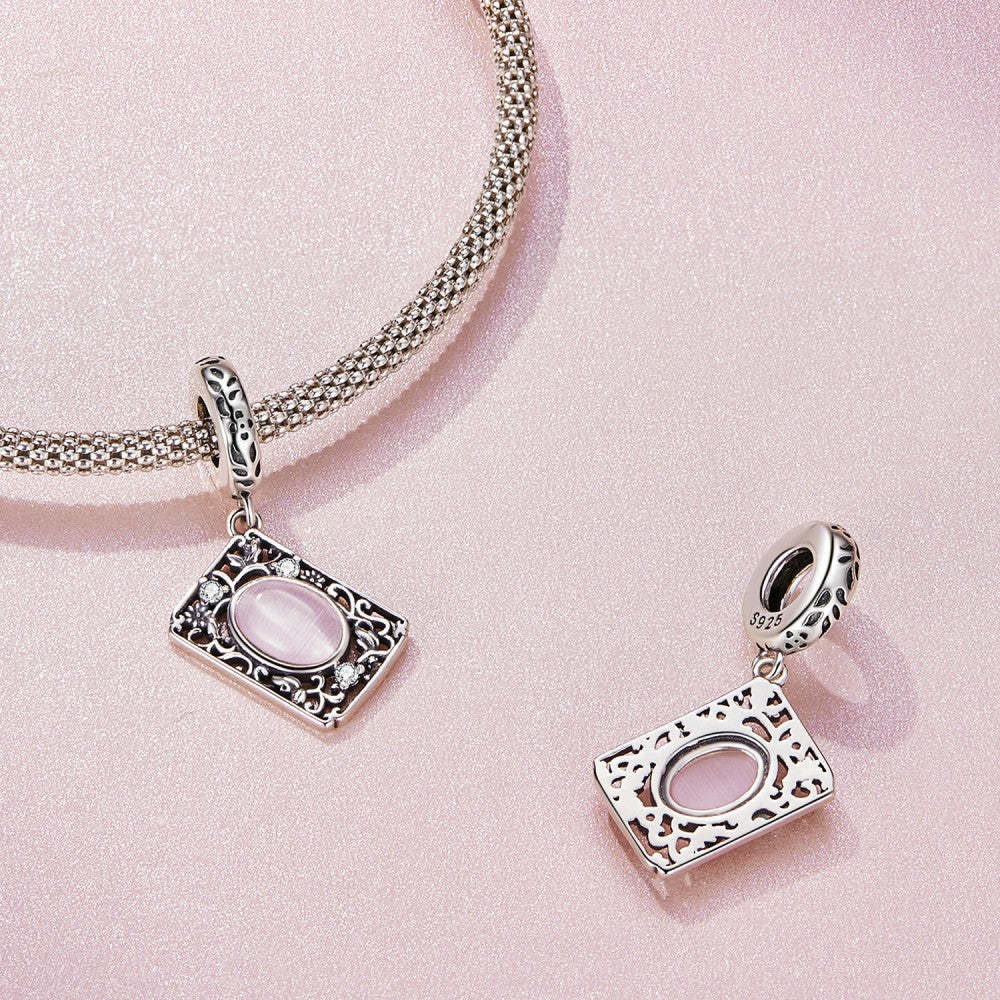 pink glass flower pattern dangle charm 925 sterling silver yb2406