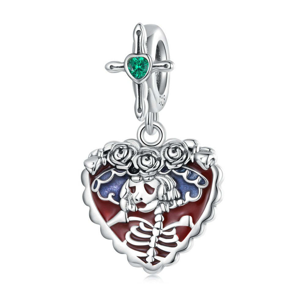 red skull lady with cross dangle charm 925 sterling silver yb2416