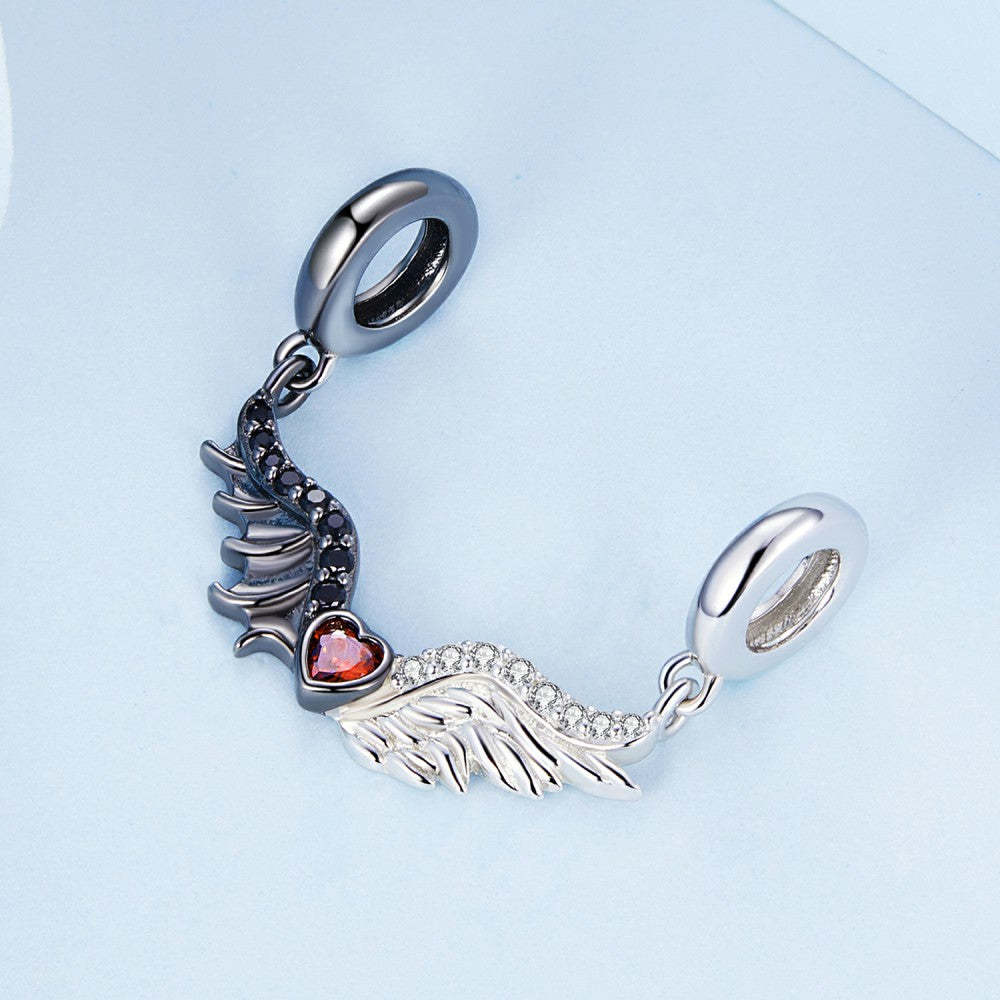 evil and angel wing with red heart dangle charm 925 sterling silver yb2425