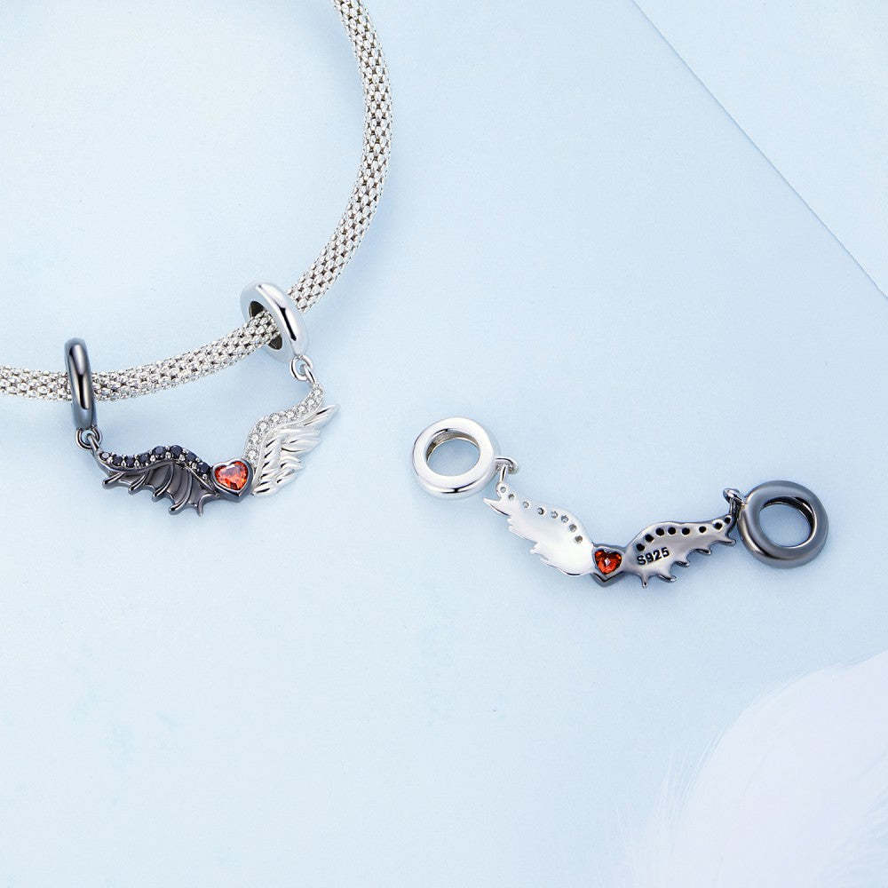 evil and angel wing with red heart dangle charm 925 sterling silver yb2425