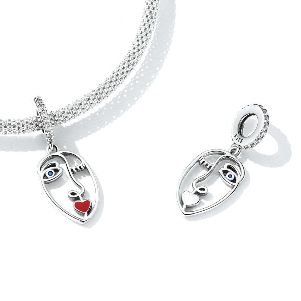 art face with red heart lip dangle charm 925 sterling silver yb2484