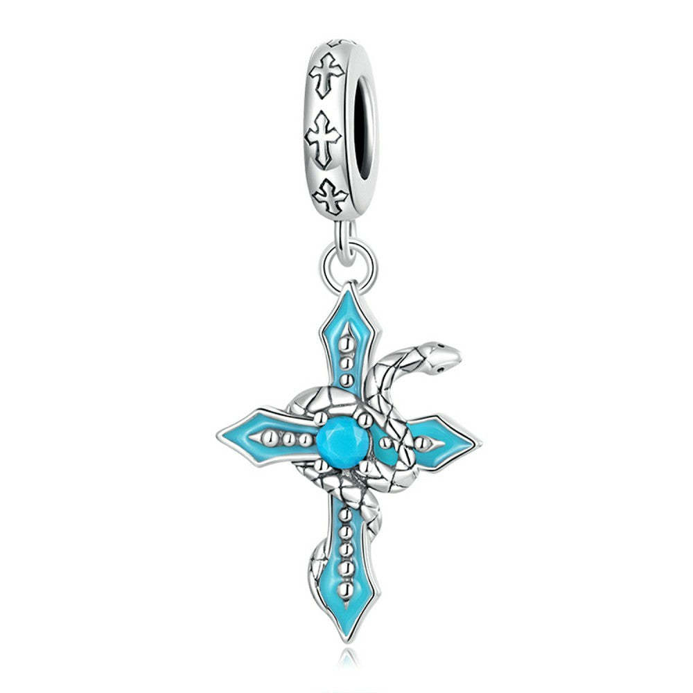 blue spiritual serpent cross dangle charm 925 sterling silver yb2502
