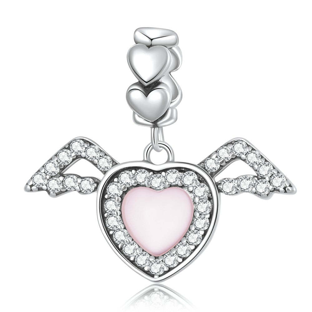 pink heart with wings dangle charm 925 sterling silver yb2525