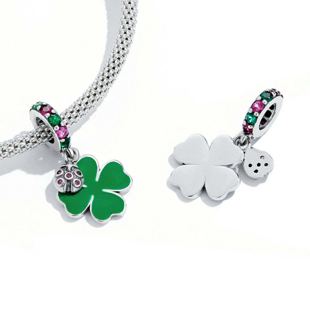 ladybug and four leaf clover dangle charm 925 sterling silver yb2546