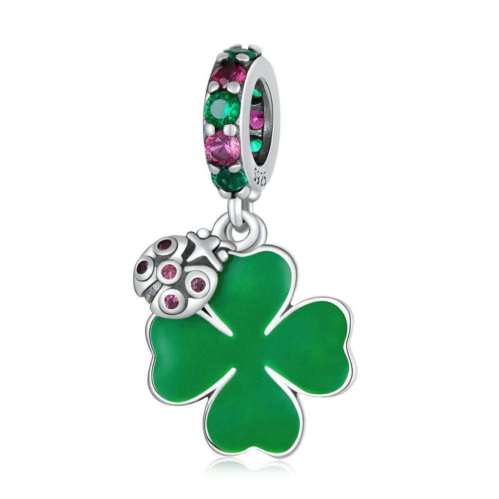 ladybug and four leaf clover dangle charm 925 sterling silver yb2546