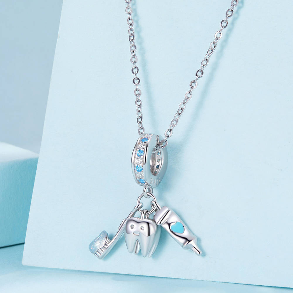 Teeth Brushing Three Piece Pendant Set Dangle Charm Silver - soufeelmy