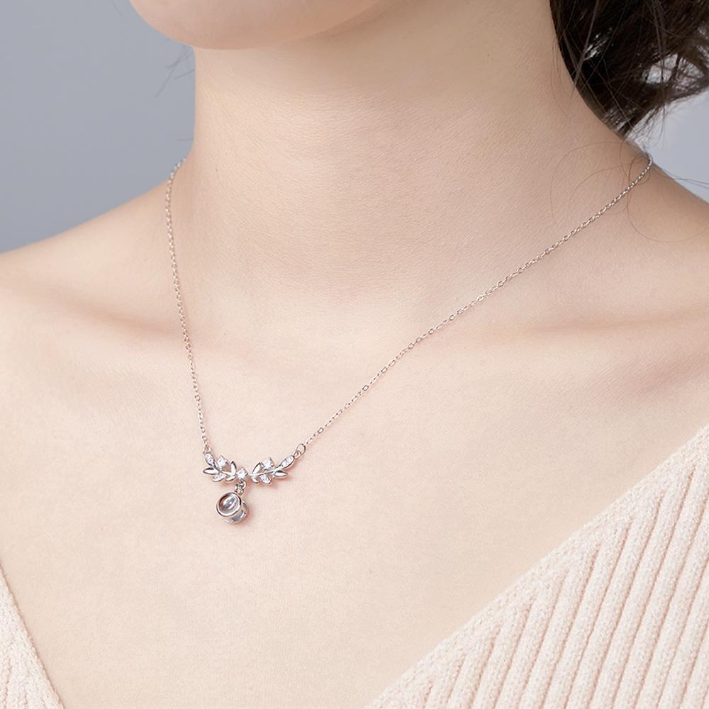 Laurel Leaf Projection Necklace Personalized Picture Inside Pendant Sterling Silver Keepsake Jewelry - soufeelmy