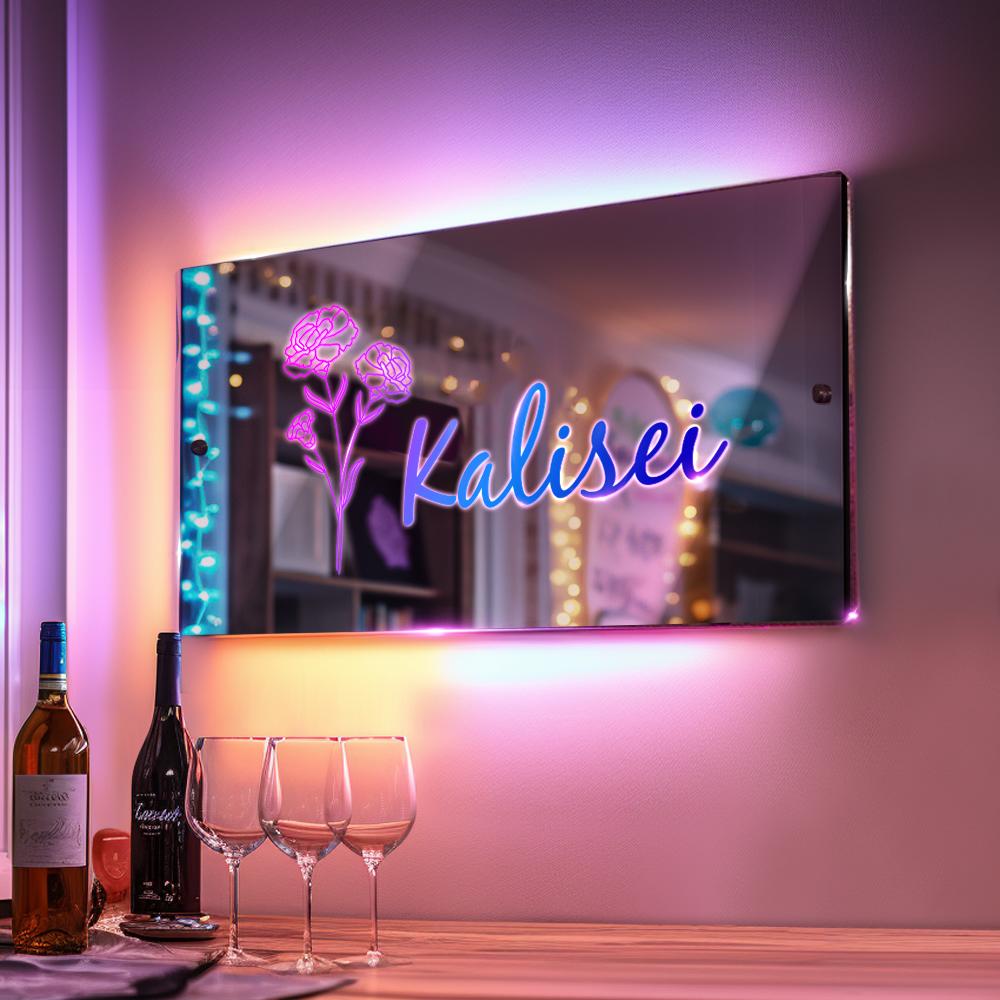 Personalised Name & Select Birthday Flower Month Xmas Birthday Mirror Sign Custom LED illuminated Light-Up Wall Mirrors - soufeelmy
