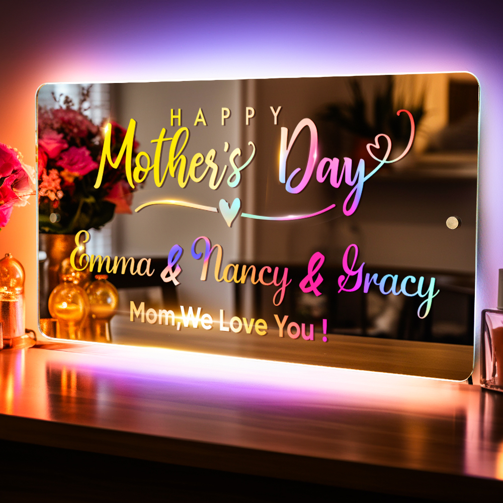 Personalised Name Mirror Sign Custom LED illuminated Light-Up Bedroom Sign Gift For Mom - soufeelmy