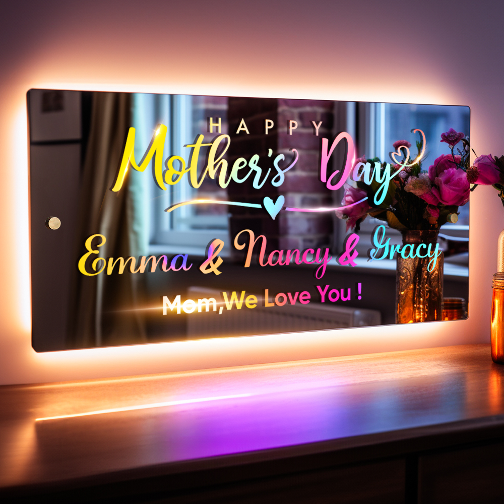 Personalised Name Mirror Sign Custom LED illuminated Light-Up Bedroom Sign Gift For Mom - soufeelmy