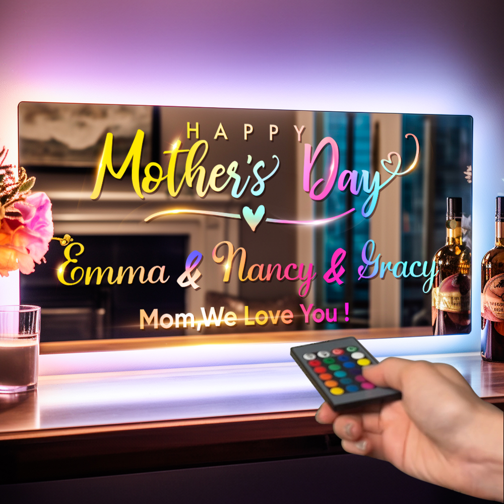 Personalised Name Mirror Sign Custom LED illuminated Light-Up Bedroom Sign Gift For Mom - soufeelmy