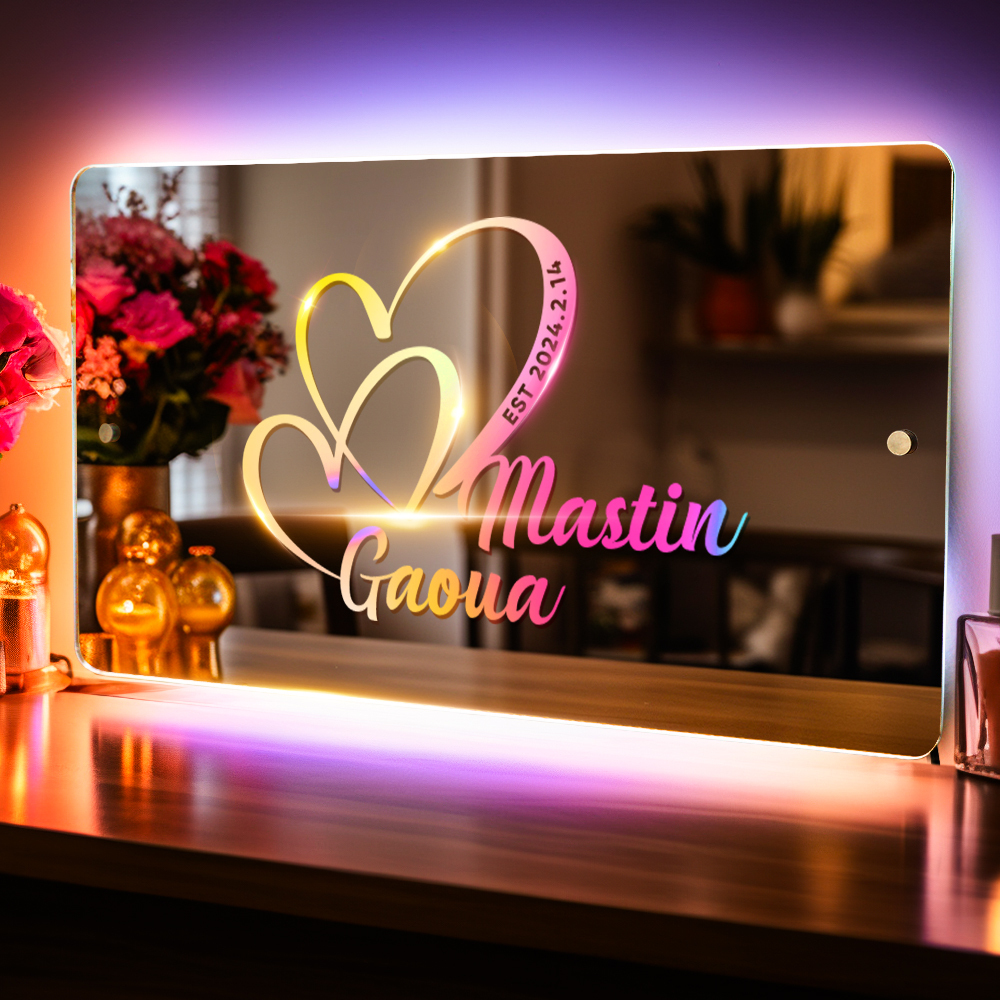 Personalized Name Mirror Sign Custom Text Led Multi Color Light Up, Heart Sign with Names and Date Anniversary Gift For Couple - soufeelmy